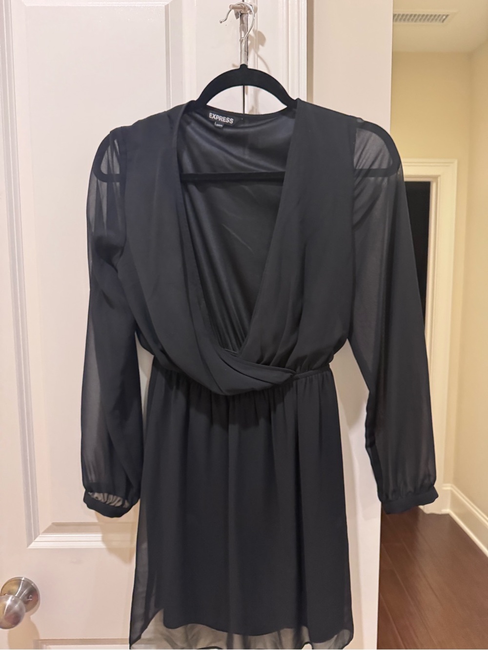 Express Black Long-Sleeve Surplice Chiffon Dress